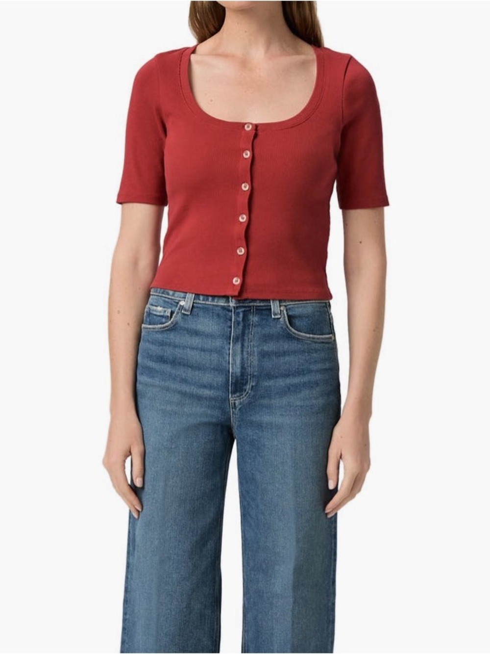 PAIGE Brick Red Ribbed Button-Front Crop Top NWT (not attached) - Picture 4 of 5